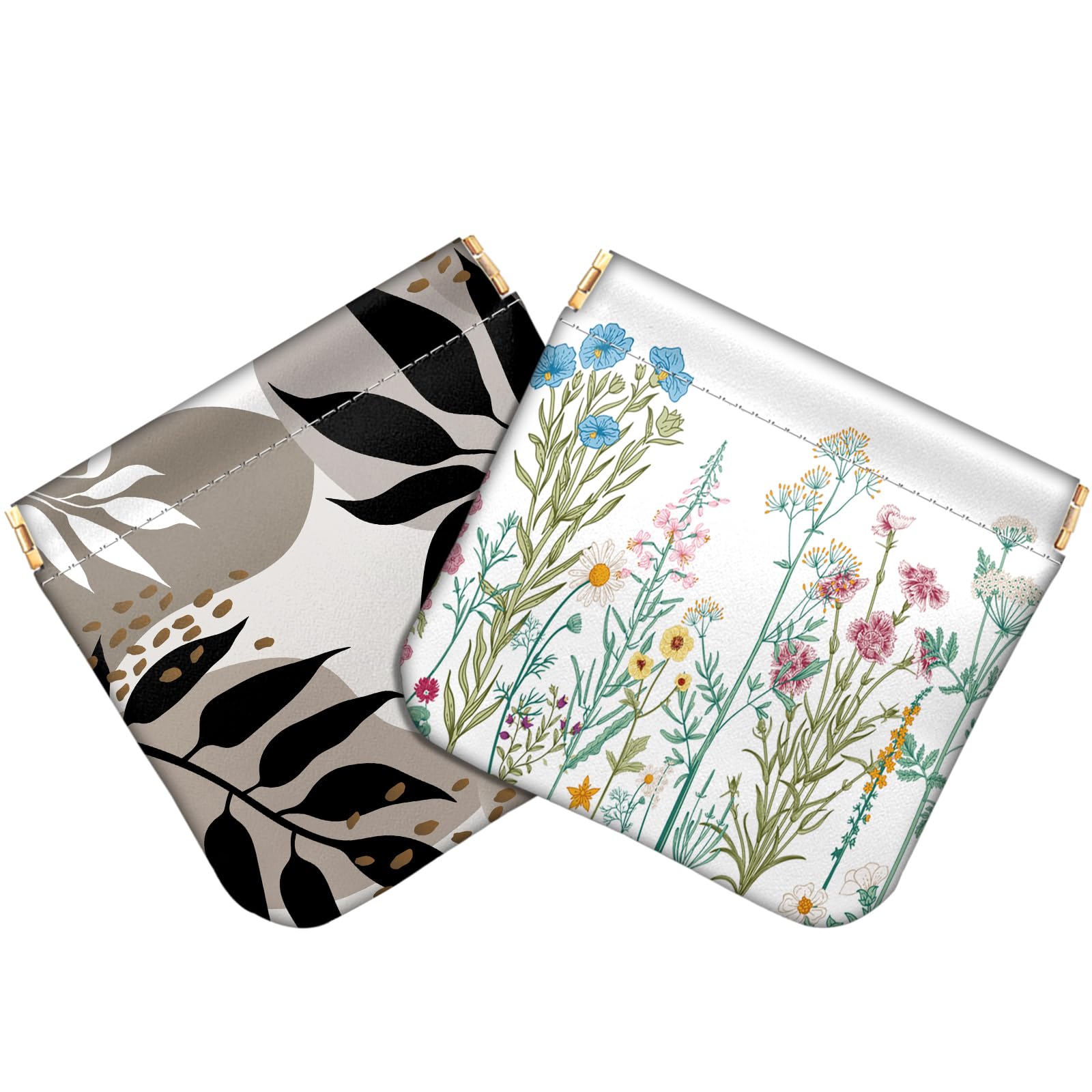 Deokke 2 PCS Coin Purse Pouch Squeeze Soft Leather PU Mini Wallet Small Change Holder Cute Aesthetic for Women Girls Men-Leaf Flower