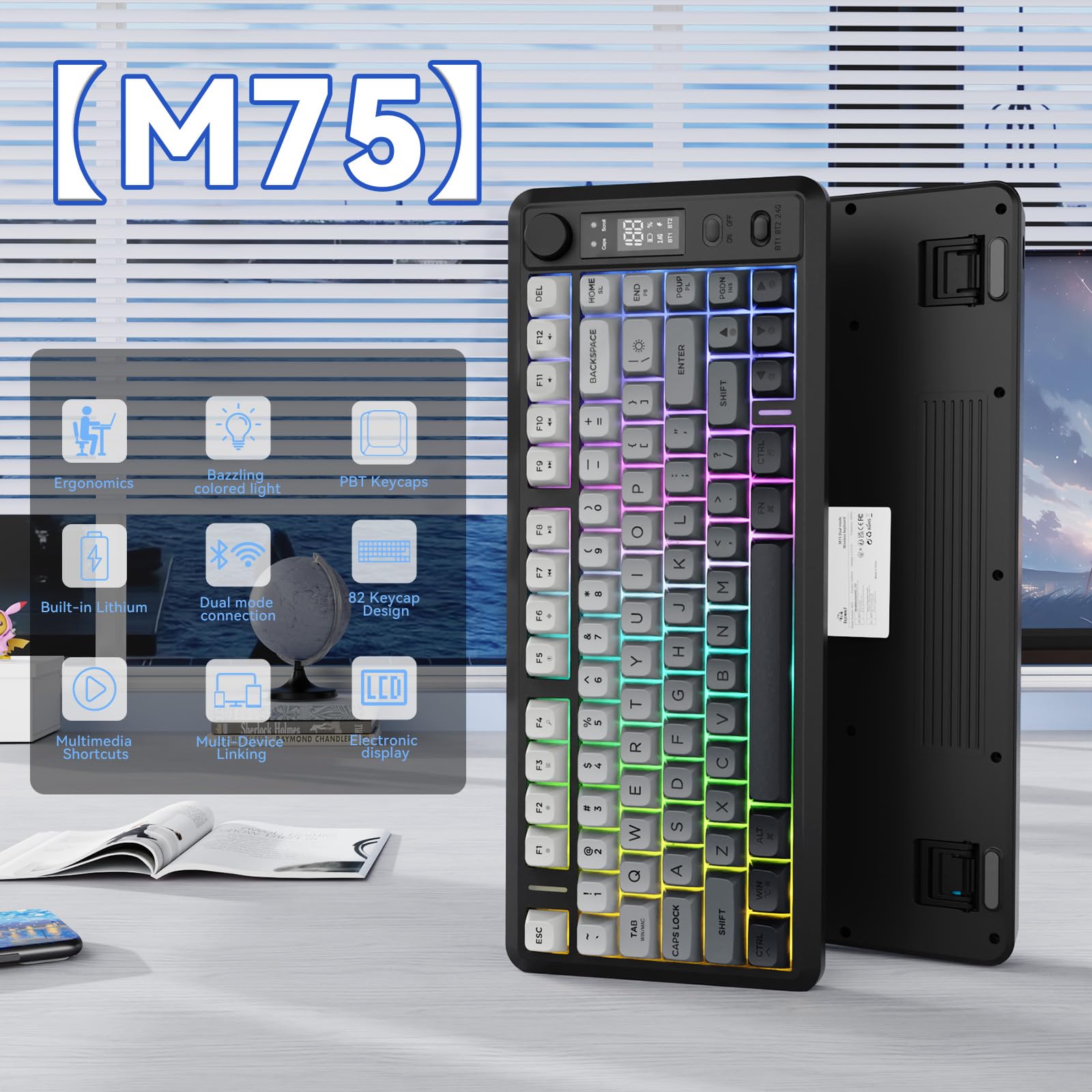 FREEWOLF M75 Tastiera wireless dual-mode, Bluetooth+2.4G, controllo tramite manopola e display, 82 tasti compatti PBT con gradiente, luce arcobaleno,QWERTY, anti-ghosting completo per Mac/Win-Nero