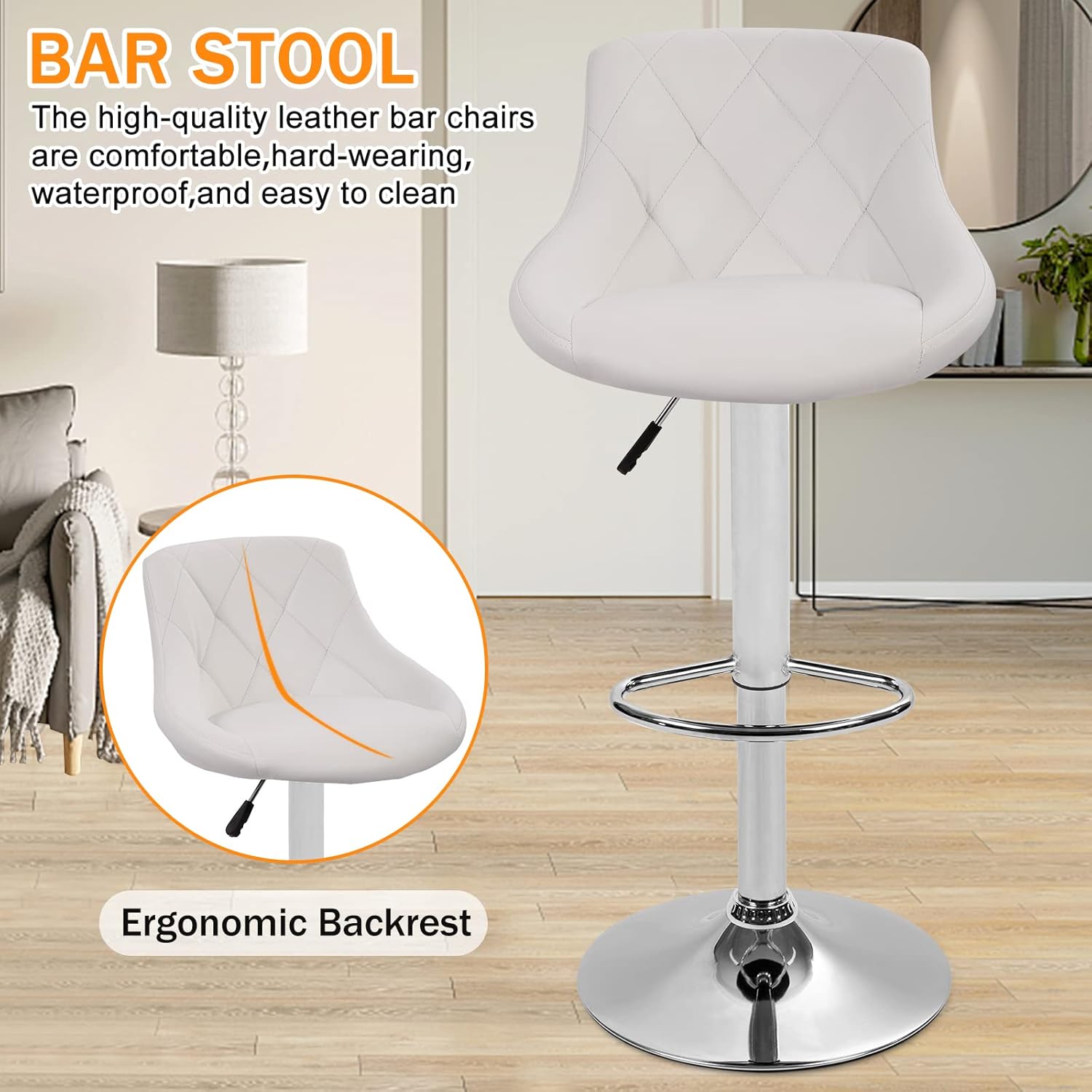 White Bar Stools Set of 2, PU Leather Island Chairs Barstool Kitchen Stool Chair with Back & Footrest, Swivel Bar Height Stools Counter Stool Bar Stool for Bar, Dining Room, 24.8"-32.7" Height, Black