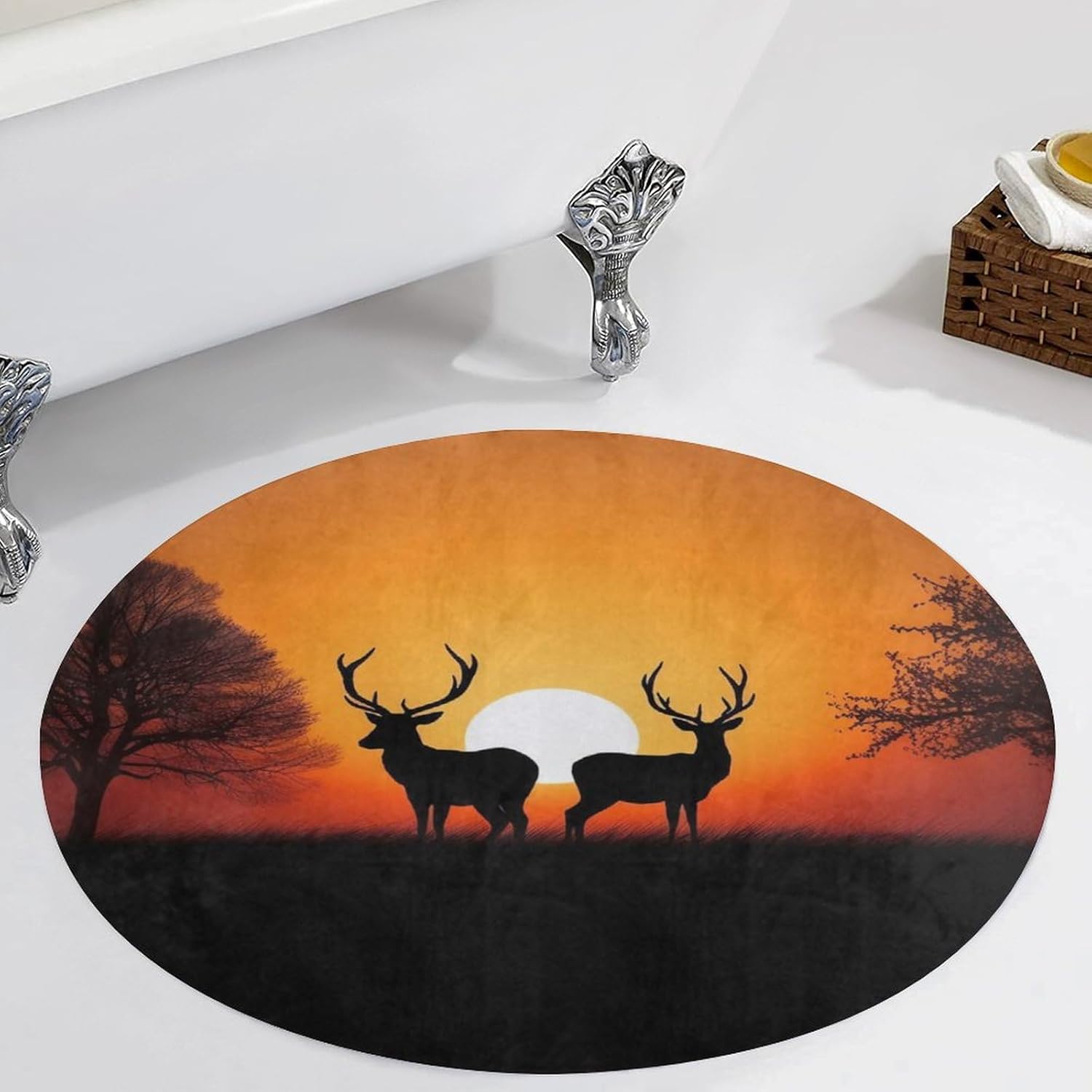 Round Area Rugs for Living Room, Washable Boho Round Rug for Dining Room Table, Non-Slip Circle Floor Mat Nature Sunset Deer Carpet for Bedroom Office Bathroom Mat 90 * 90cm