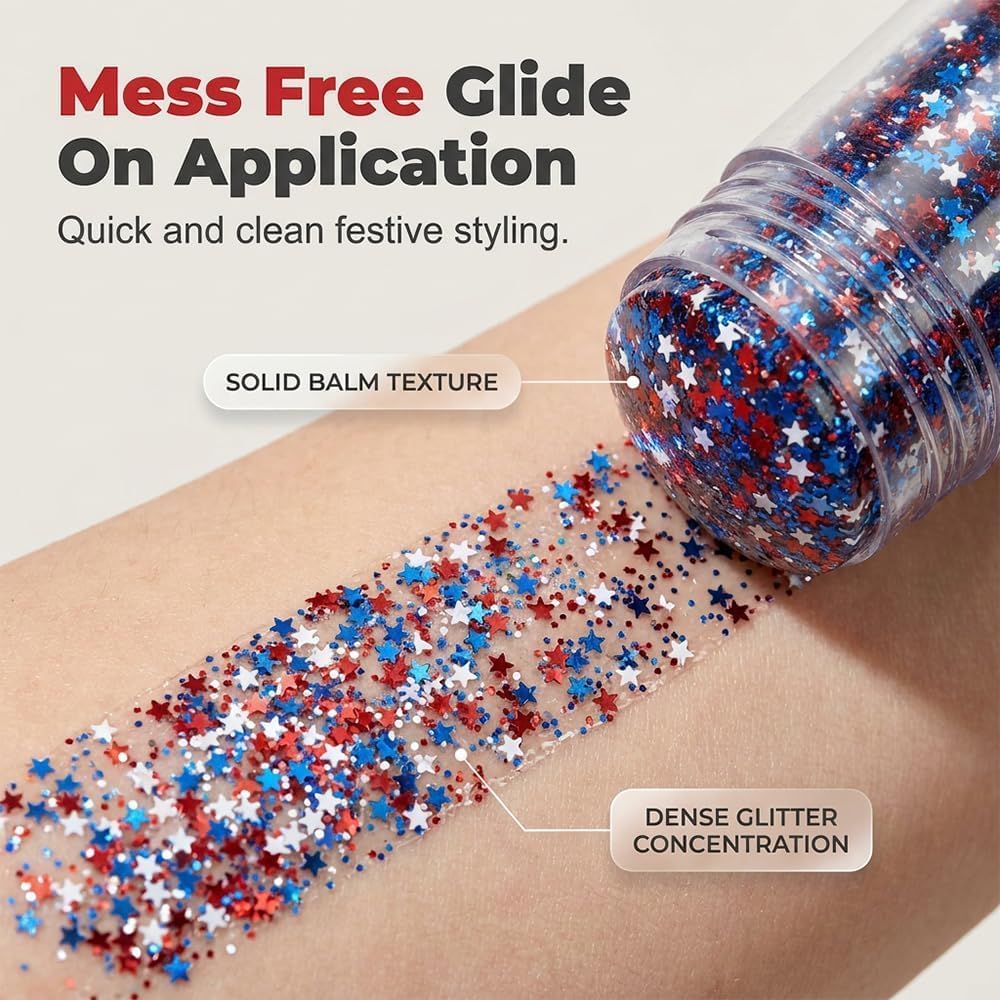 Patriotic 4th of July Glitter Stick | Self Adhesive Red White Blue Face & Body Sparkle | Waterproof Long Lasting Hair Makeup for Festivals, Parades & Kids (4 Pcs)
