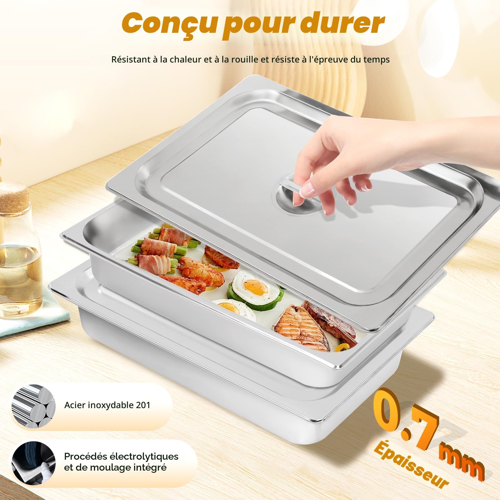 Lot de 4 bols à panure en acier inoxydable - Récipient alimentaire GN avec couvercle - Récipient rectangulaire pour restauration - Pour buffet