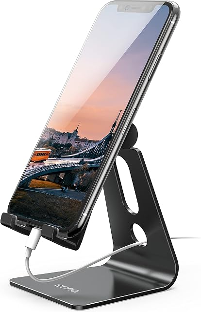 Amazon Brand - Eono Phone Stand, Adjustable Cellphone Holder Universal Mobile Dock for Desk, Compatible with iPhone 14 Pro max plus 13 mini 12 11 Xs XR X 8 7, Galaxy Note, other Smart Phones - Black