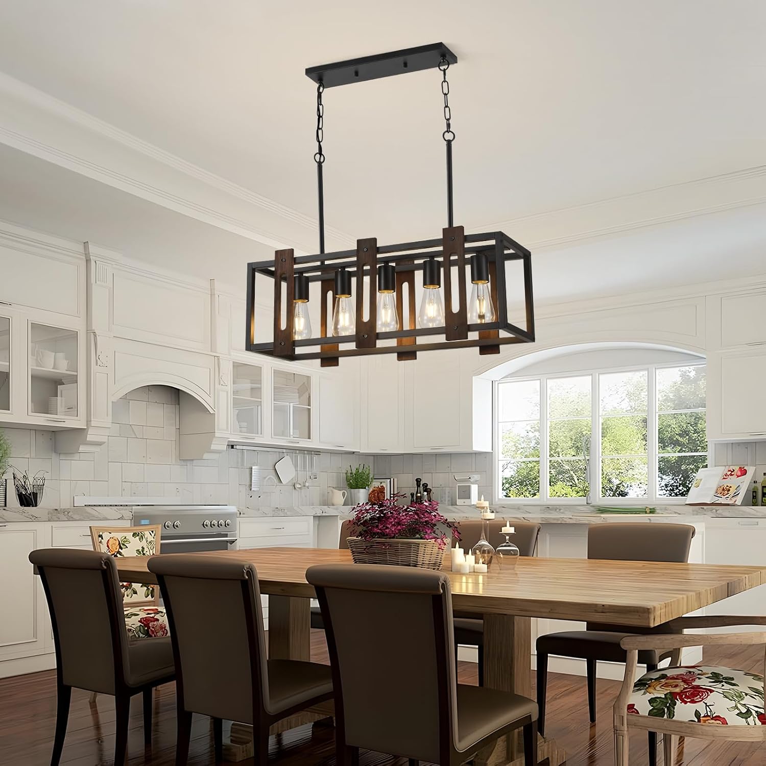 5-Light Farmhouse Linear Light Fixture Black Chandelier, Vintage Wood Kitchen Island Light Fixtures, Rectangular Metal Cage Table Pendant Lighting for Dining Room, Kitchen,Living Room(26"x9"x10")