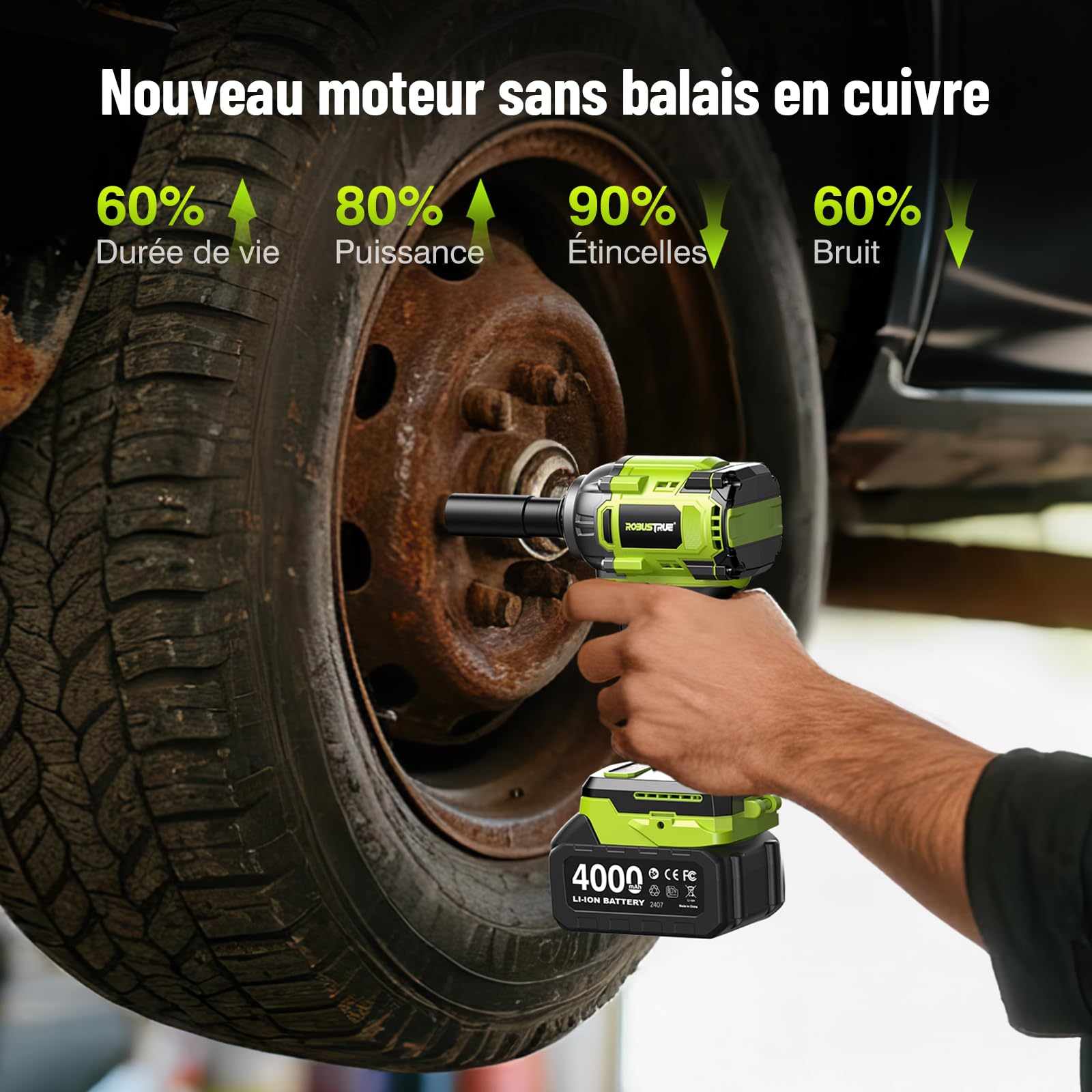 Robustrue 800 N·m clé à choc sans fil 1/2", moteur sans balais à couple élevé, vitesse jusqu’à 2800 tr/min, 2 batteries 4,0Ah avec chargeur, 4 douilles, idéale pour voiture et usage domestique