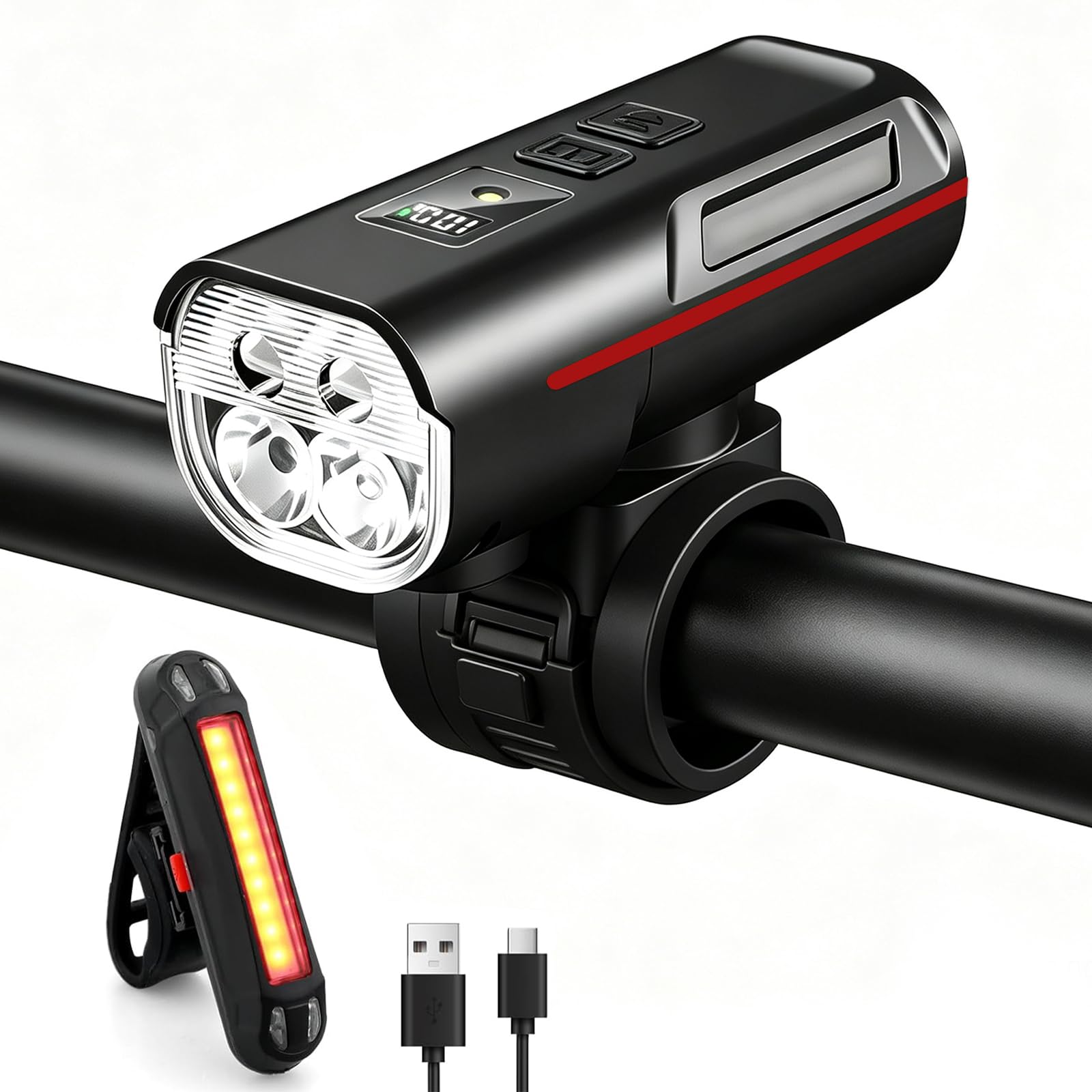 WenYa Bike Light Set, Wide Beam Long-Lasting MTB Front Headlight Tail Light