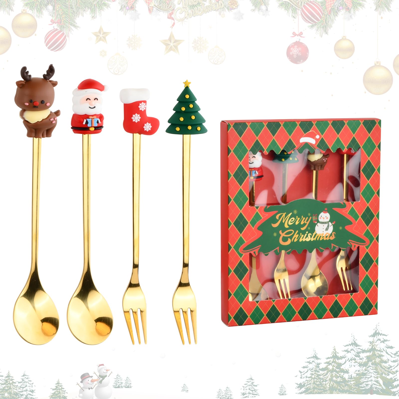 Volumoon Stoviglie natalizie, set da 4 pezzi cucchiai e forchette, cucchiaio da caffè in acciaio inox cucchiaino da tè forchette da dessert forchette da frutta forchetta per dolce, confezione regalo