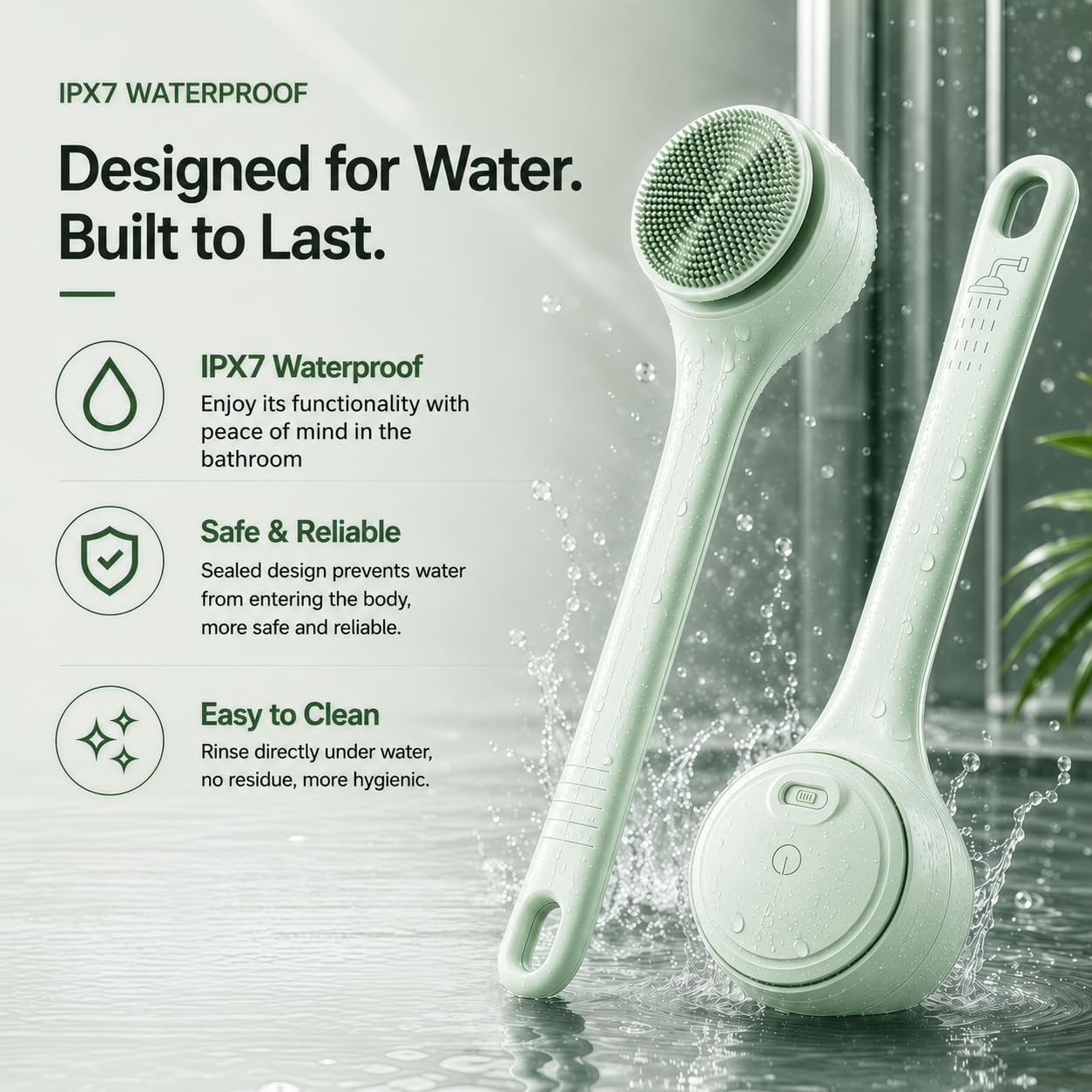 Electric Body Brush Back Scrubber for Shower, Waterproof Long Dual Handle Power Body Scrubber with 4 Heads, Rechargeable Bath Brush & 2 Speeds, for Cleansing, Exfoliating and Massaging Skin,Green