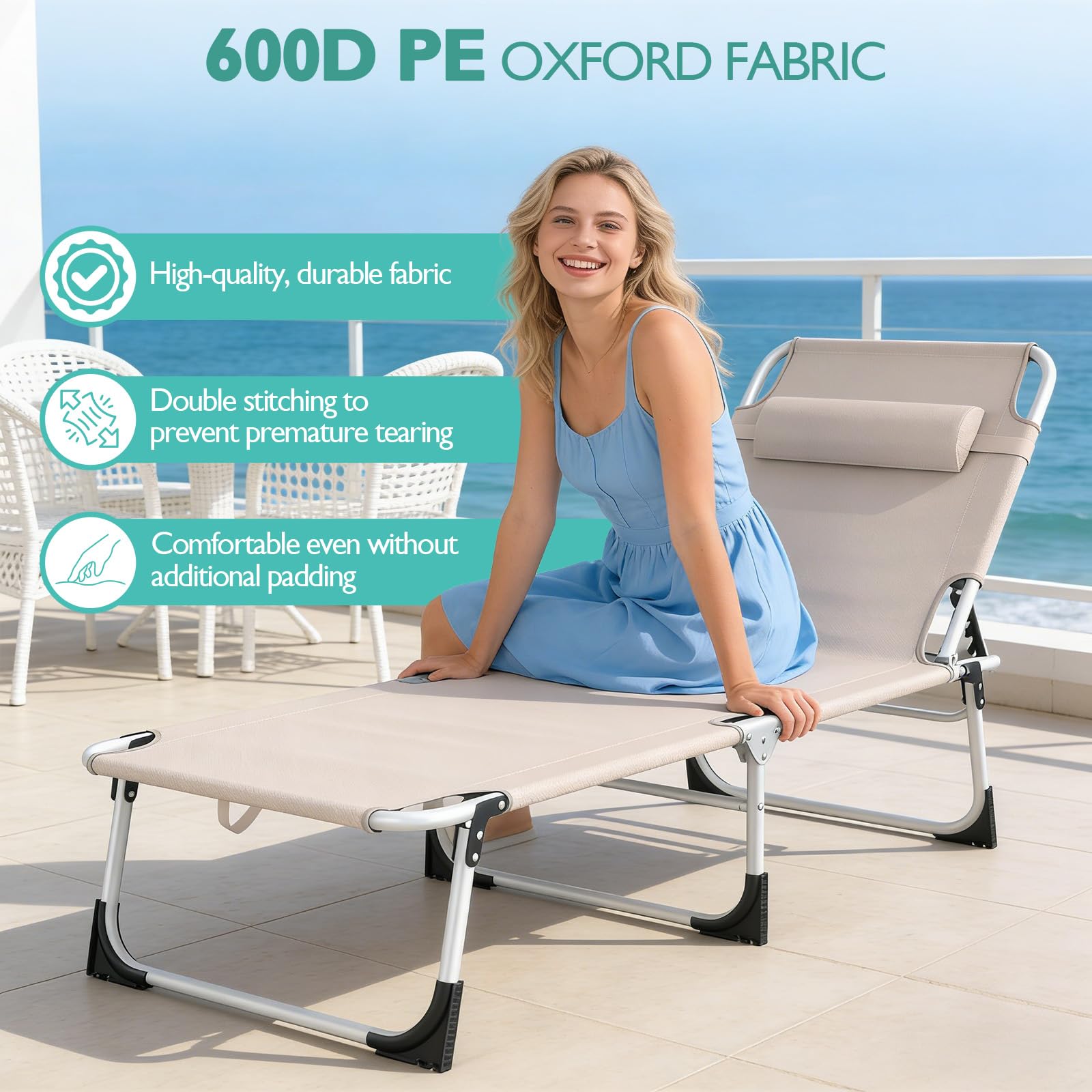 Transat Pliant avec Toile Solaire 194x67,5cm – Chaise Longue Multi-Positions & Parasol 360°, 600D Oxford, INCL. Poche Latérale & Sangle de Transport (Chaise Camping, Kaki)