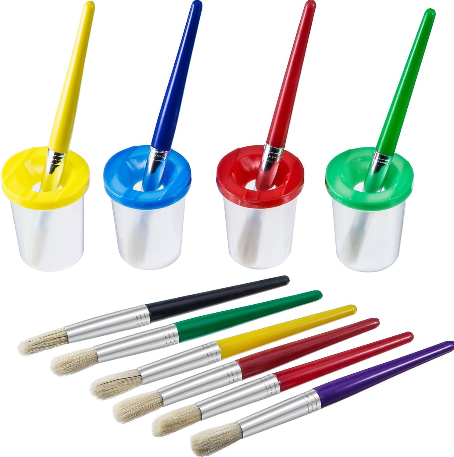 Shappy 4 Pieces Spill Proof Paint Cups in 4 Colors and 10 Pieces Assorted Colored Brushes Set