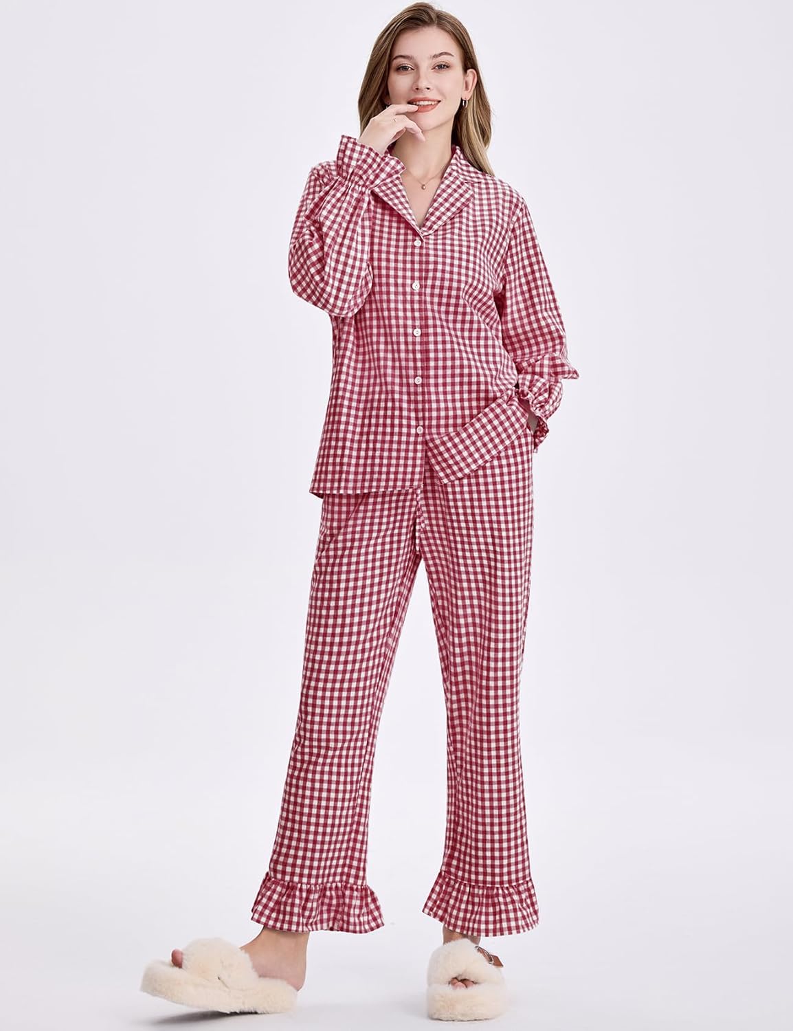 Flygo Womens Gingham Pajamas Sets Cotton Plaid Pjs Ruffled Sleeve Button Down Shirt Pants Y2k 2 Piece Lounge Set - Image 5