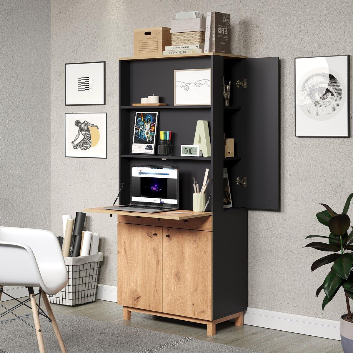 trendteam smart living - Sekretär Schreibtisch Multifunktionsschrank - Wohnzimmer - Solution - Aufbaumaß (BxHxT) 76 x 175 x 41 cm - Farbe Navi Blau mit Viking Eiche - 221400833