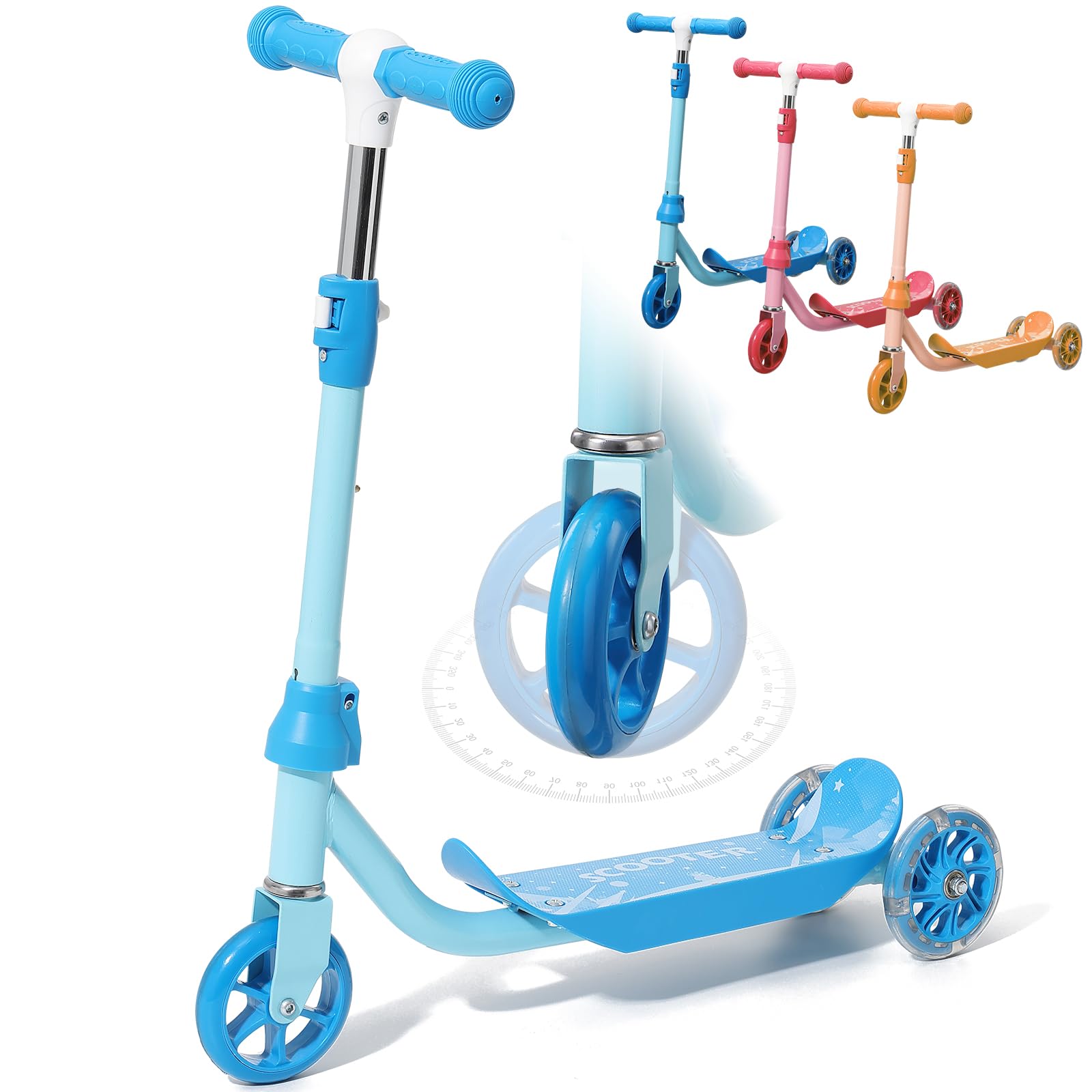 Kick Scooter for Kids 3-7 Age - LED Lighted 3 Wheel Toddler Scooter, 360° Steering, Adjustable Height Handlebar, Anti-Slip Deck, Stable Metal Design, Indoor Outdoor for 3-5, 5-7 Year Old Girls Boys