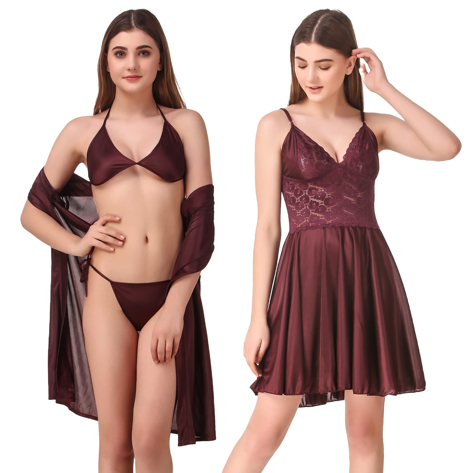 Women's Satin Solid Above Knee Length Nighty, Wrap Gown, Bra and Thong (Size - Free Size) (Nightwear Set Pack of 4)