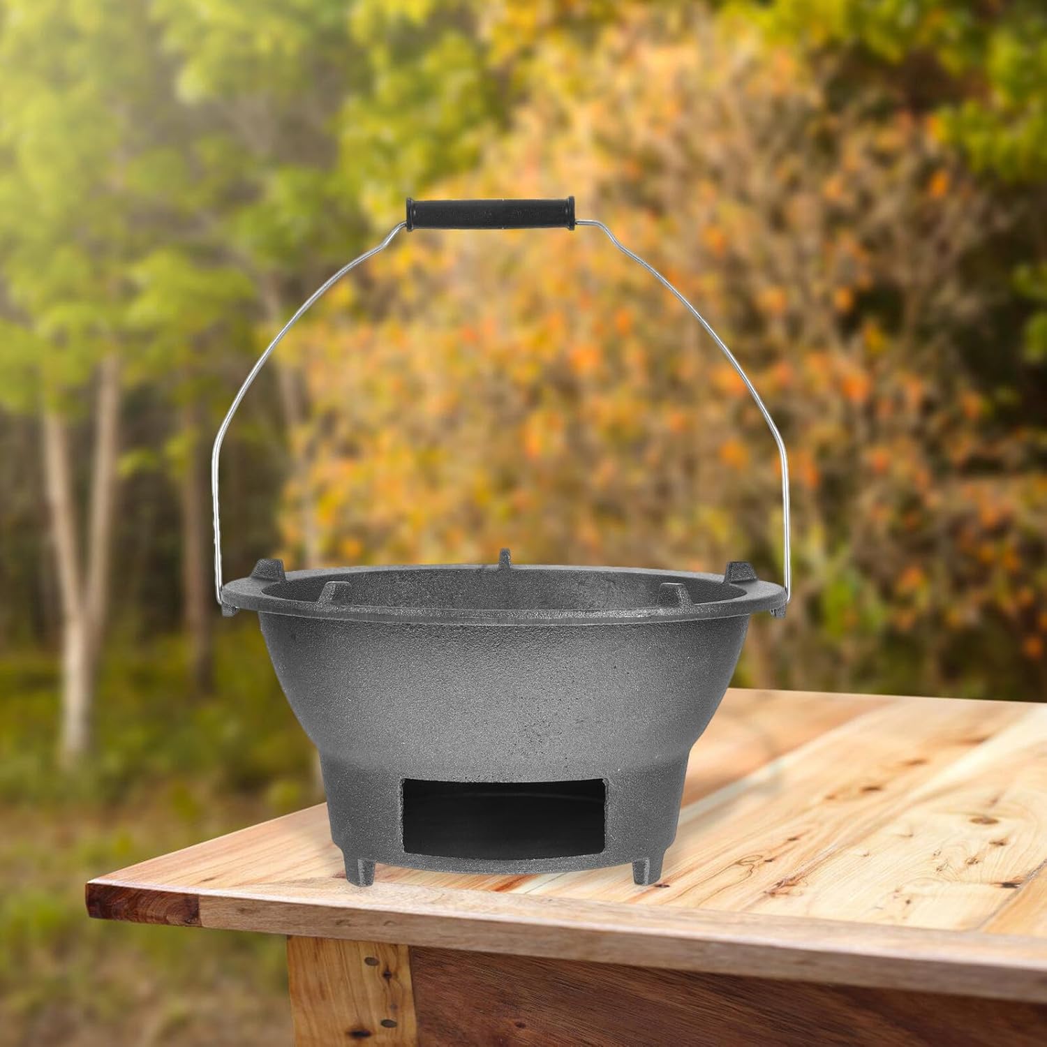 Portable Cast Iron Charcoal Grill Stove with Handle and Inner Grill Rack, Large Outdoor Bbq Burner for Camping, Backyard, and Picnic Cooking