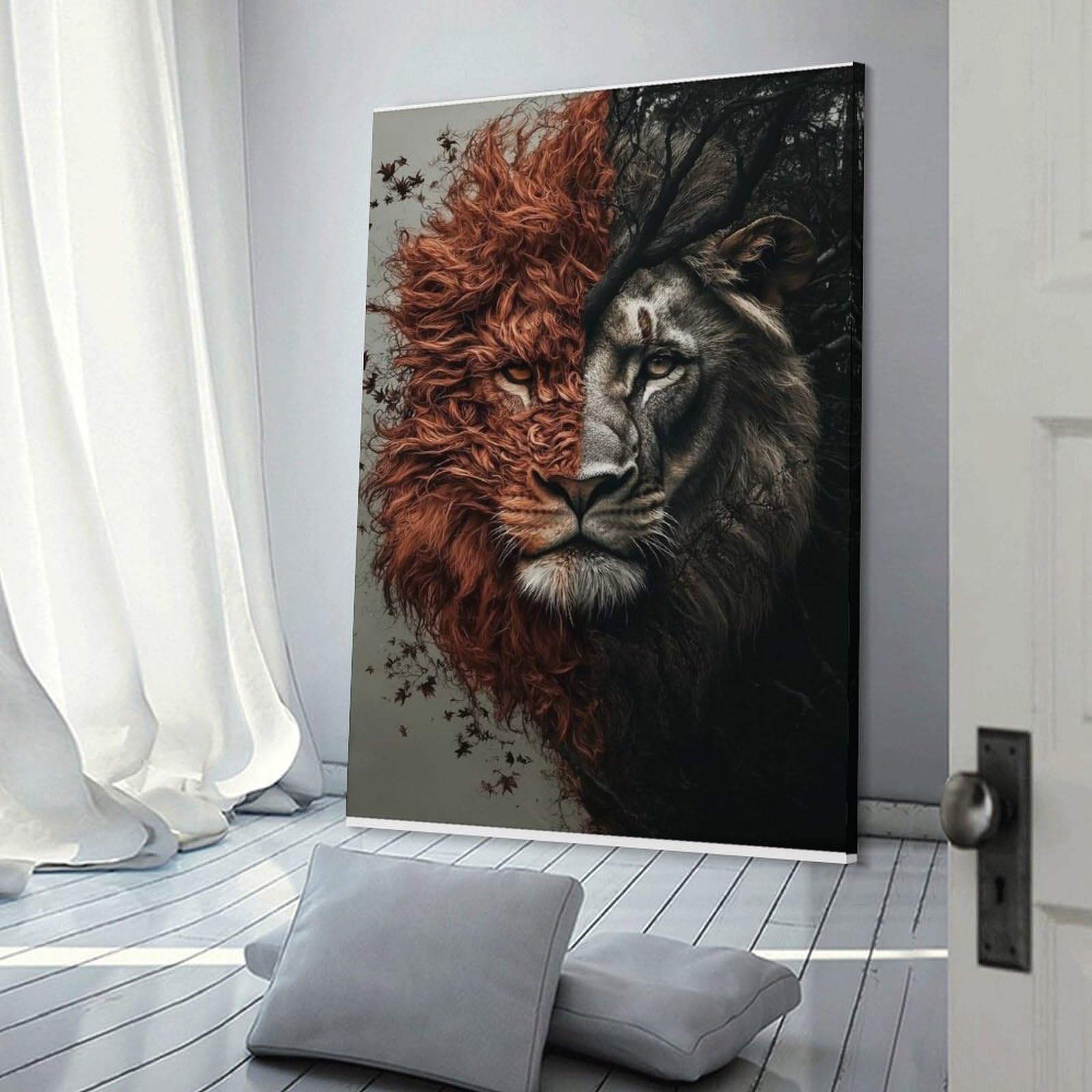 Junmoney Frame-Style-14 Lion With Two Faces Wall Picture Print, 20X30inch(50X75cm), For Gallery Wall Decor And Room Displays, A Versatile Canvas Print For Layering