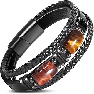 Tiger Eye Black Leather Bracelet Men Natural Tiger Eye Gemstone Crystal Stone Jewelry Handmade