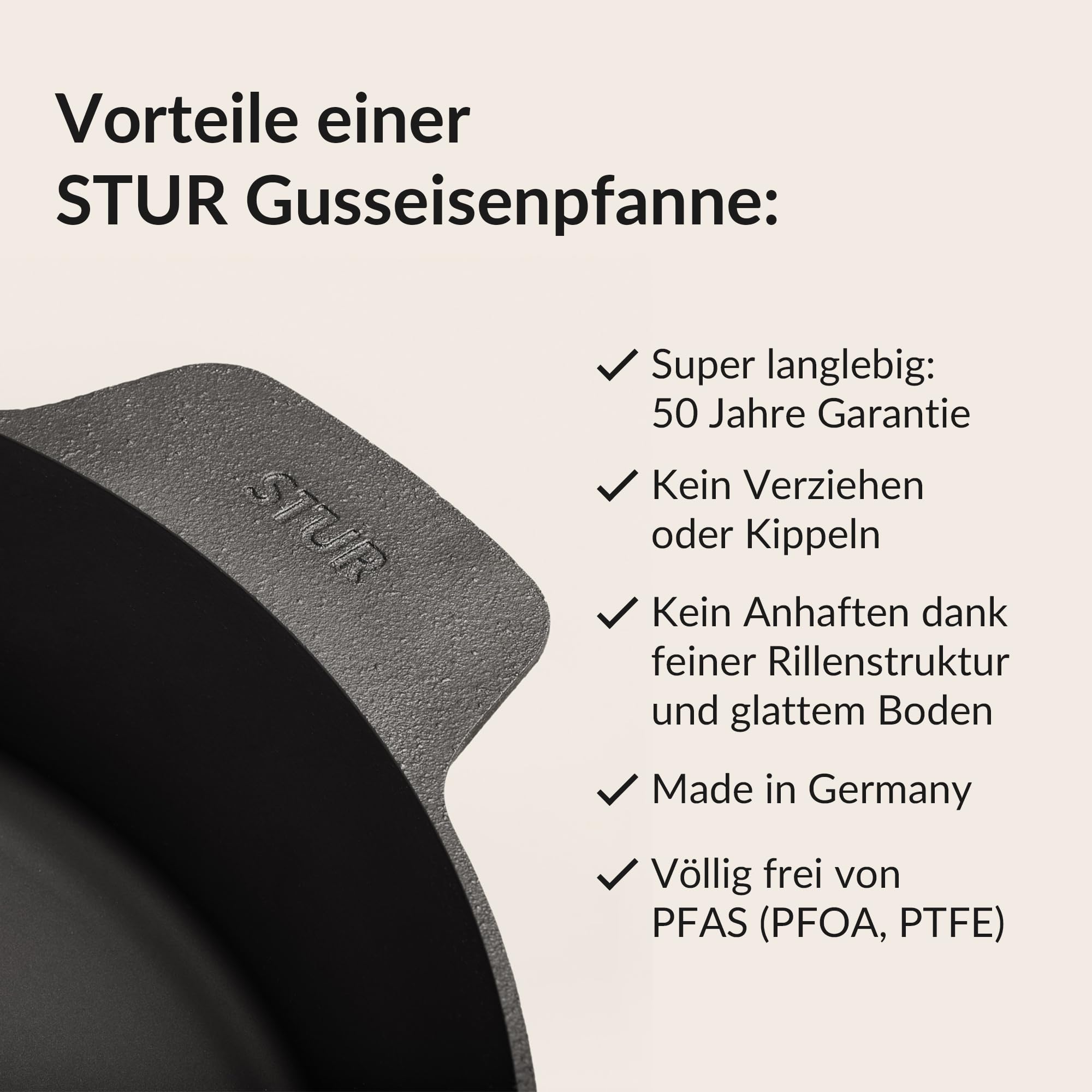 STUR - ORIGINAL Starter-Set Gusseisenpfanne Induktion 28 cm inkl. Echtleder Griffschutz & Pfannenwender - Cast Iron Pan geschliffen für alle Herdarten - Kratzfeste Pfanne Gusseisen & Zubehör