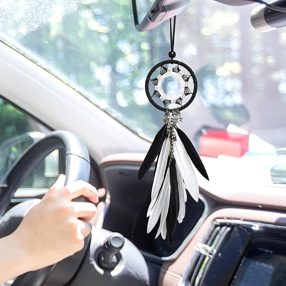 Dream Catcher Car Interior Rearview Mirror Hanging Decor Handmade Grids Nature Feather Small Boho Car Charms Pendant Accessories (Black and White)