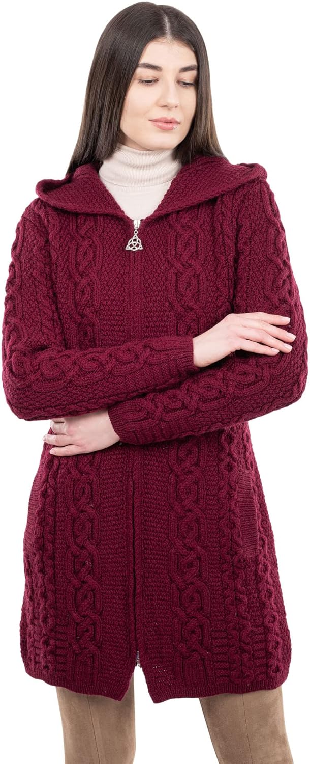 SAOL 100% Merino Wool Aran Irish Cardigan for Women with Pockets, Hood and Celtic Zipper