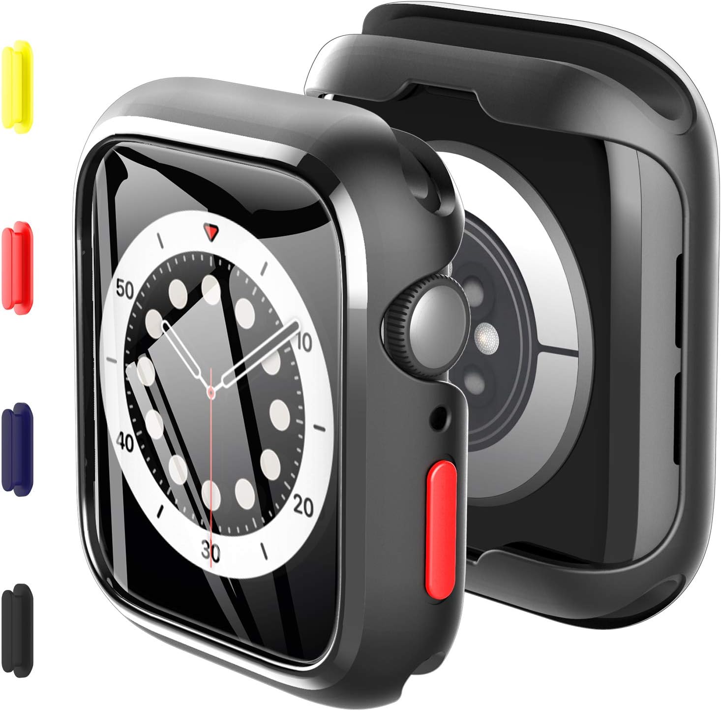 KKM 2 Pack Case bulit in Tempered Glass Compatible with Apple watch Series 6 Series 5 Series 4 44mm, Replaceable Four-Colored Buttons, Ultra-thin Silicone Shell , All-round Protective Cover - Black