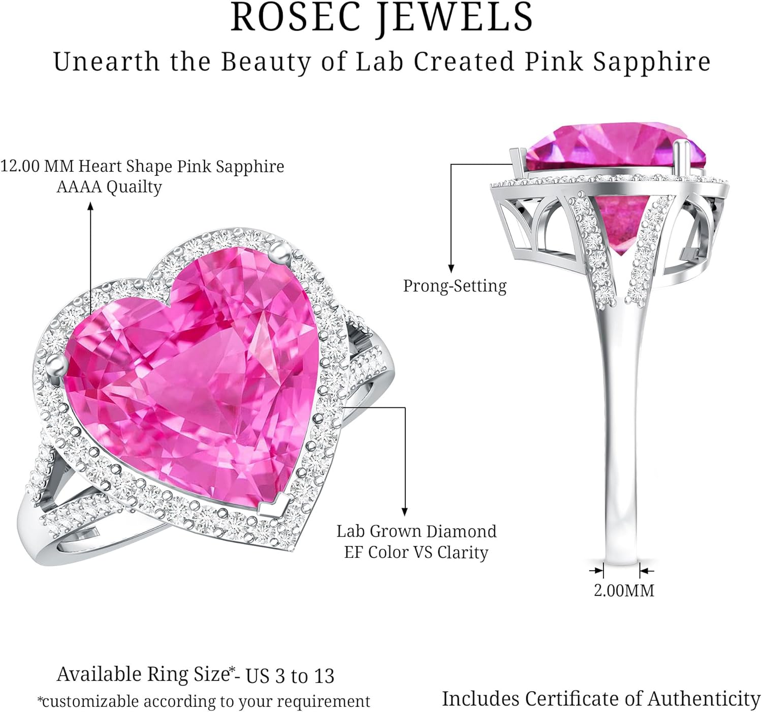 Certified 6 Carat Lab Grown Pink Sapphire Diamond Heart Engagement Ring, Aaaa Quality - Gift For Special Occasions