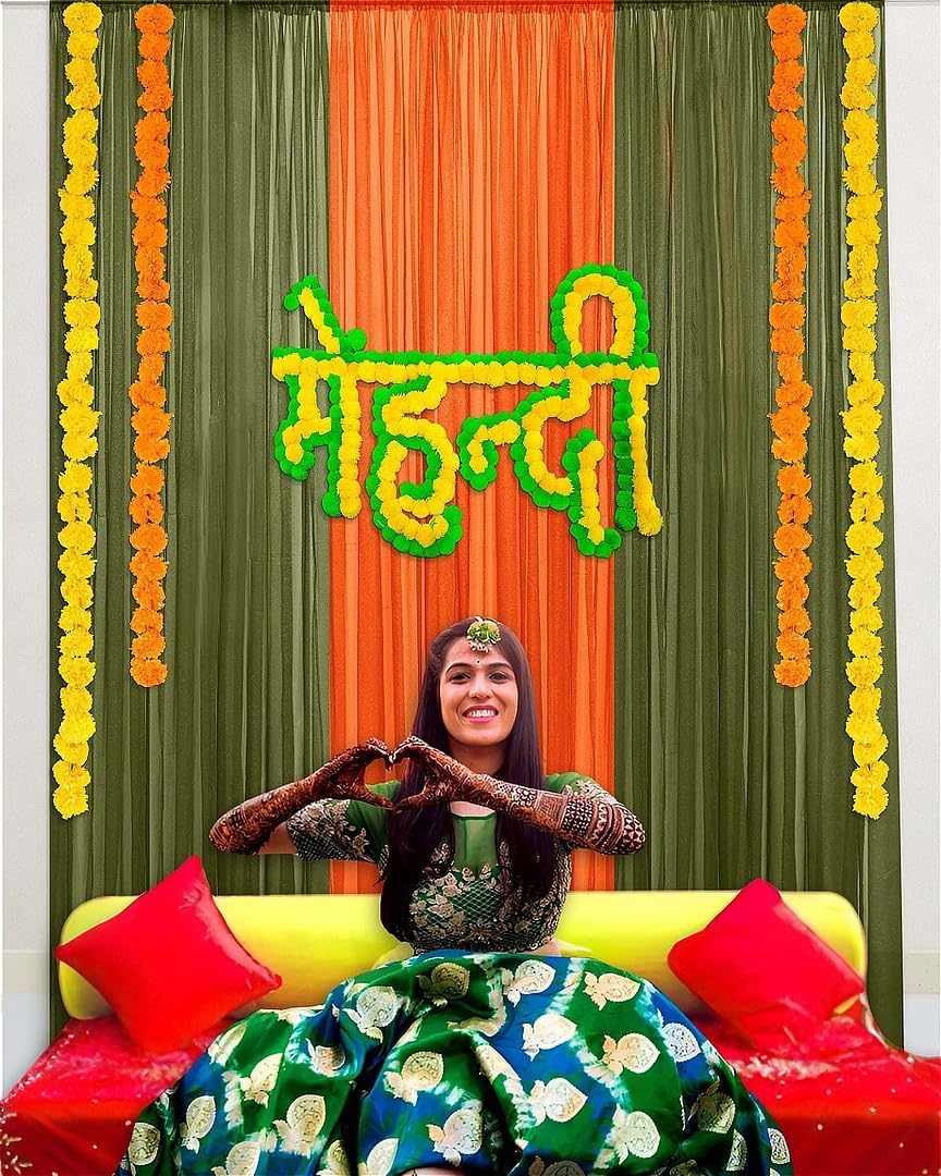 Special You Mehendi decoration items for home, Green & Orange background cloth for decoration, Haldi Mehndi decoration items for marriage, Wedding decorations item - 11 Pcs
