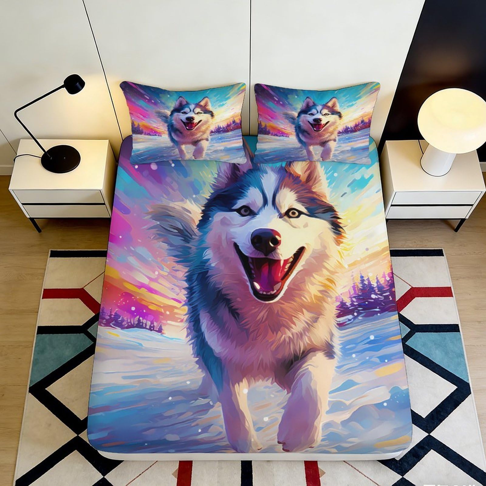 3D Printed Husky Winter Landscape Fitted Sheet Microfiber Soft Bedroom Decor Snow Scene Mattress Cover 90x200x25cm