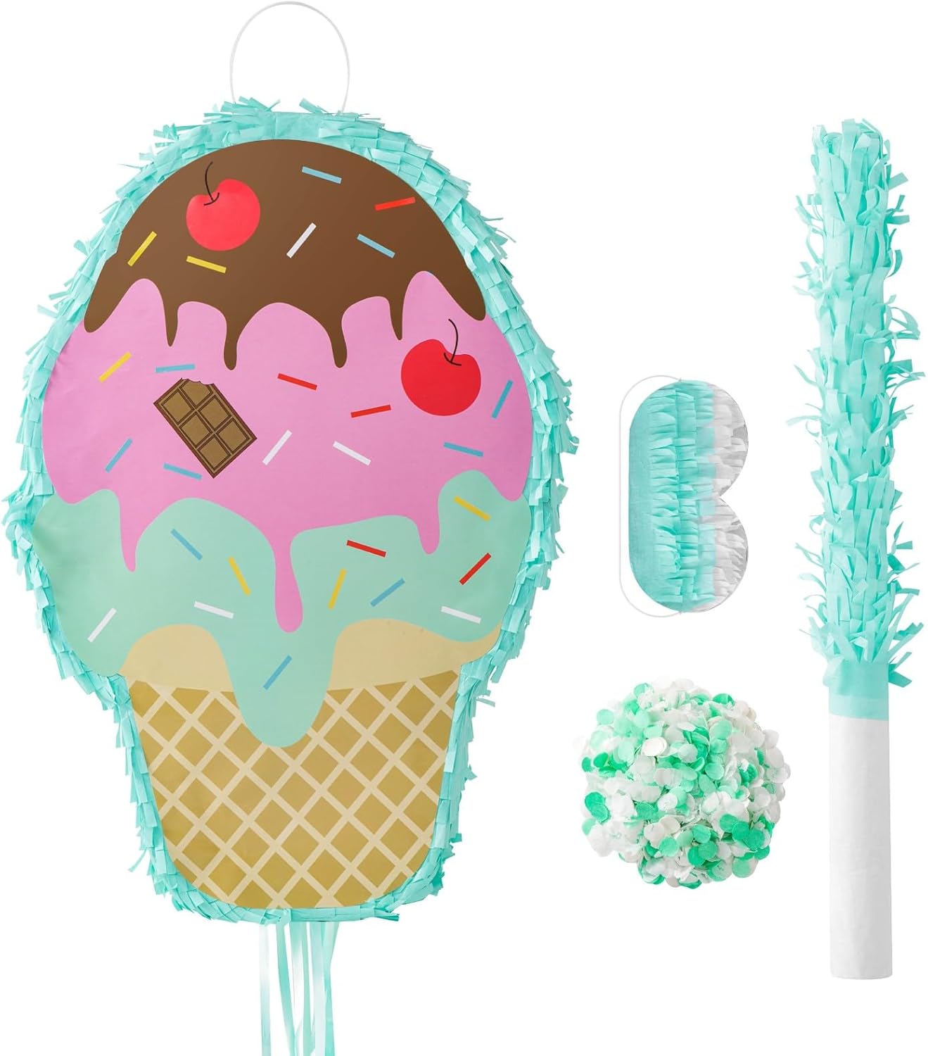 Ice Cream Piñata Kids Piñata with Blindfold and Stick for Ice Cream Candy Birthday Party Cute Dessert Party Piñata Summer Kids Party Supplies Decor (16.93×11.42×3.15 in)