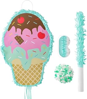 Ice Cream Piñata Kids Piñata with Blindfold and Stick for Ice Cream Candy Birthday Party Cute Dessert Party Piñata Summer Kids Party Supplies Decor (16.93×11.42×3.15 in)