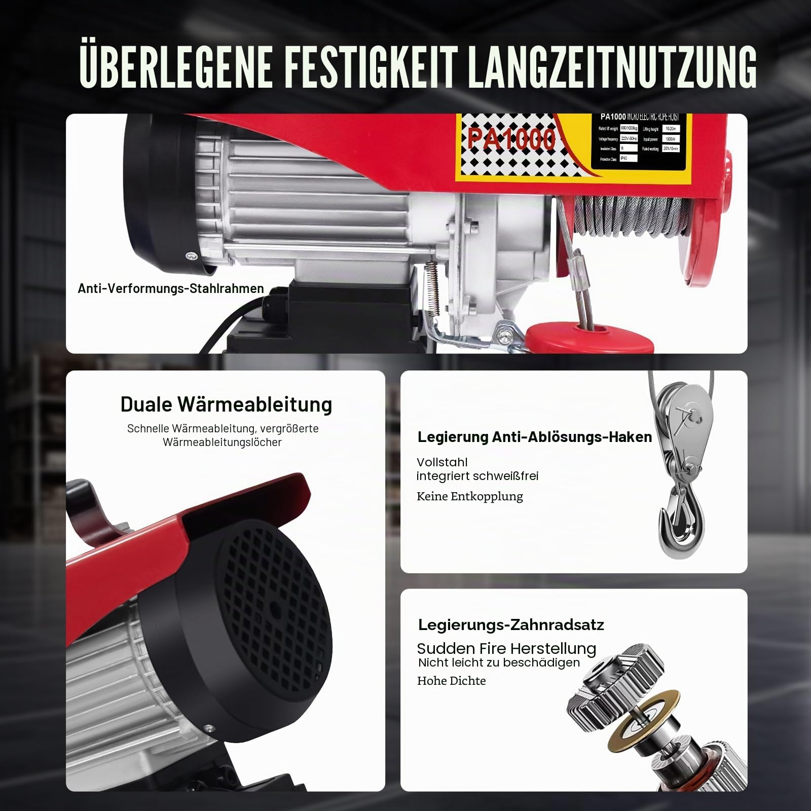 Elektrische Seilwinde 220V, 1000kg Tragkraft, 1800W Kupfermotor, Seilzug Motorwinde mit kabelloser Funkfernbedienung, Hebezeug Flaschenzug Seilhebezug Kettenzug für Garage, Lager, Werkstatt und Fabrik