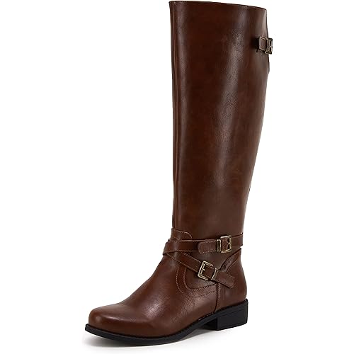 Ermonn Womens Knee High Boots Wide Calf Flat Low Heel Side Zipper Faux Leather Fashion Winter Riding Boot
