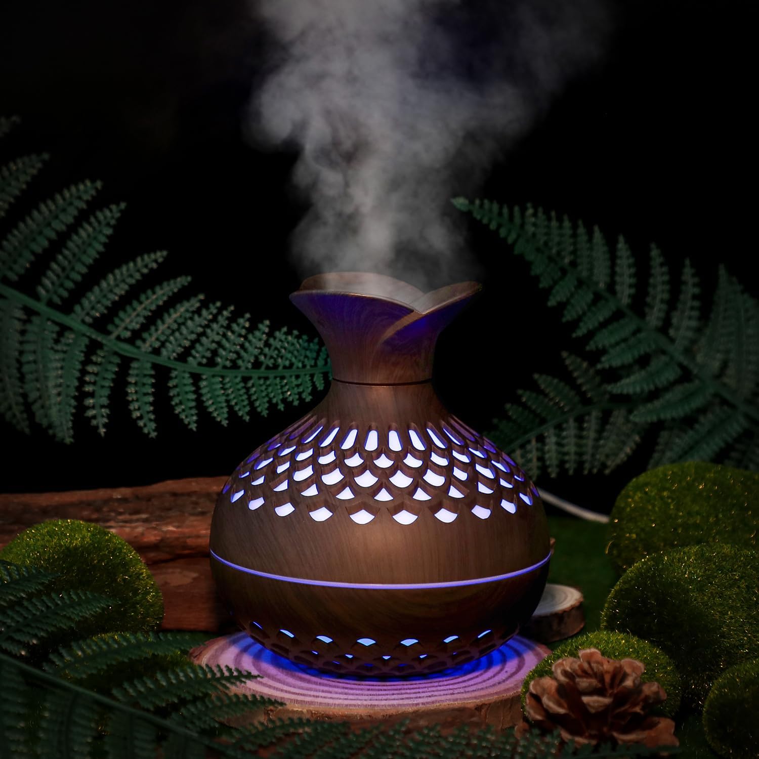 Portable Mini Humidifier, 300ml Small Humidifiers Wooden Vase Flower Aroma Diffuser, Quiet Cool Mist Air Humidifiers for Bedroom Home Baby Office, Auto Shut-Off, Colorful Light, Darkwood