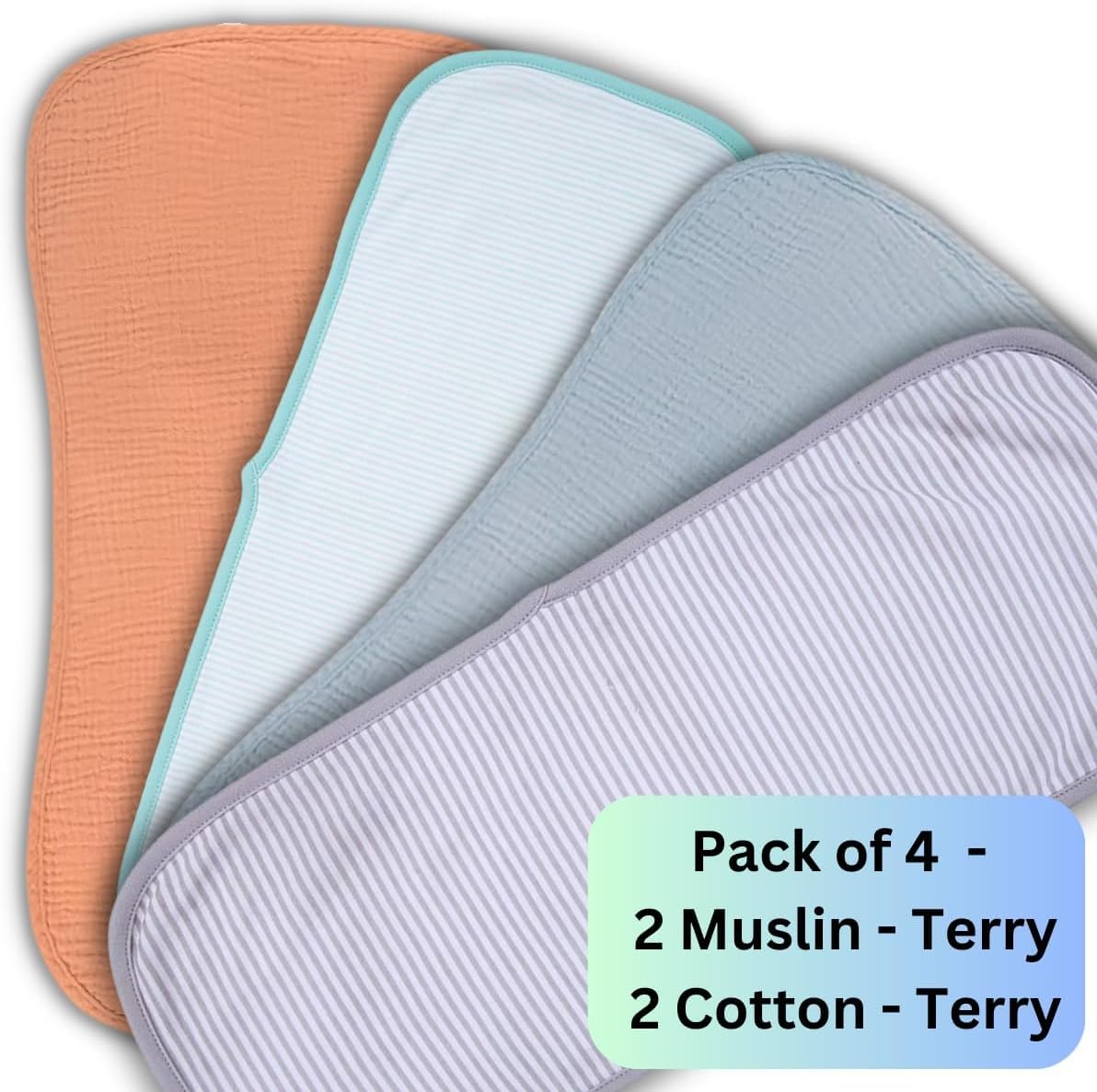 Teddy-Buddy Baby Burp Cloth Towel Napkins for Baby Large 17x6 Inches, Fine Double Layer 100% Cotton (Assorted 4M, 50X20 Cms, 2 Muslin 2 Terry)