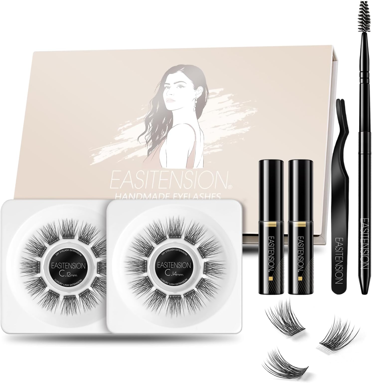 DIY Eyelash Extension, 3D Effect Glue Bonded Band Cluster Lashes Individual Lash Clusters Volume Lashes Set, At Home Eyelash Extension, C curl Lashes Pack 12mm,14mm (KIT)