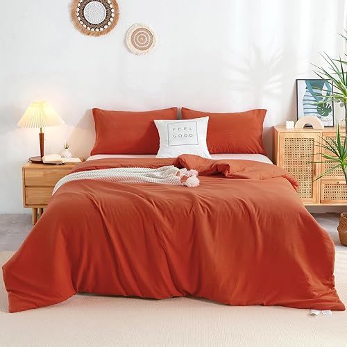COTTEBED Juego de edredón naranja Queen Liquidación Prime, algodón lavado suave ligero para todas las estaciones, tamaño matrimonial, ropa de cama