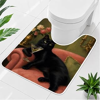 Black Cat U Shaped Toilet Rug, Washable Bathroom Toilet Mat 24 x 20in | Cute black cat U shaped toilet rug, washable bathroom mat fits around toilets, adding cozy style and charm to your bathroom.