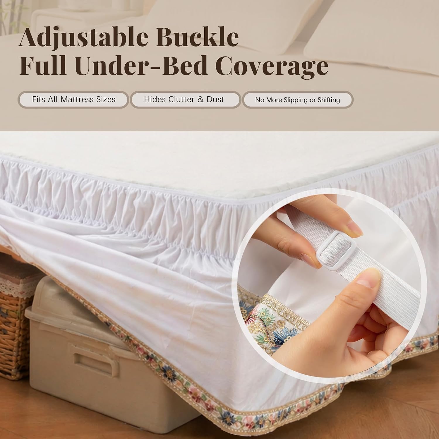 Wrap Around Ruffle Bed Skirt, Queen Size Beds Skirts, Bedskirt Elastic Dust Ruffled with Adjustable Belts, Tassel and Embroidered Bed Frame Cover (Floral, 79"×79")