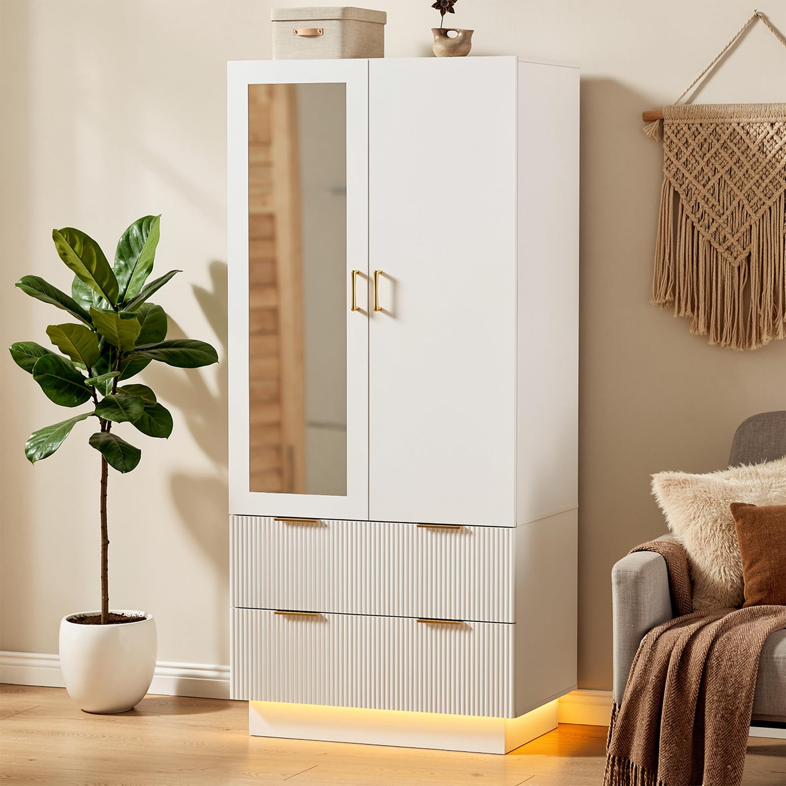 MSFE Armadio Camera da Letto, Armadio Guardaroba 2 Ante con Specchio,LED e 2 Cassetti, Armadio Contenitore, Salvaspazio, per Cameretta, Camera dei bambini, da ingresso|80x178x50cm (L/H/P)
