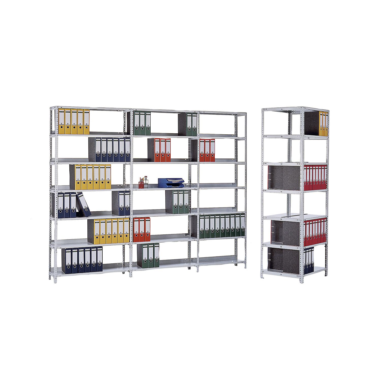 Rayonnage de bureau à boulonner gris clair RAL 7035 - hauteur rayonnage 1150 mm, double face - rayonnage de base, largeur x profondeur 750 x 600 mm