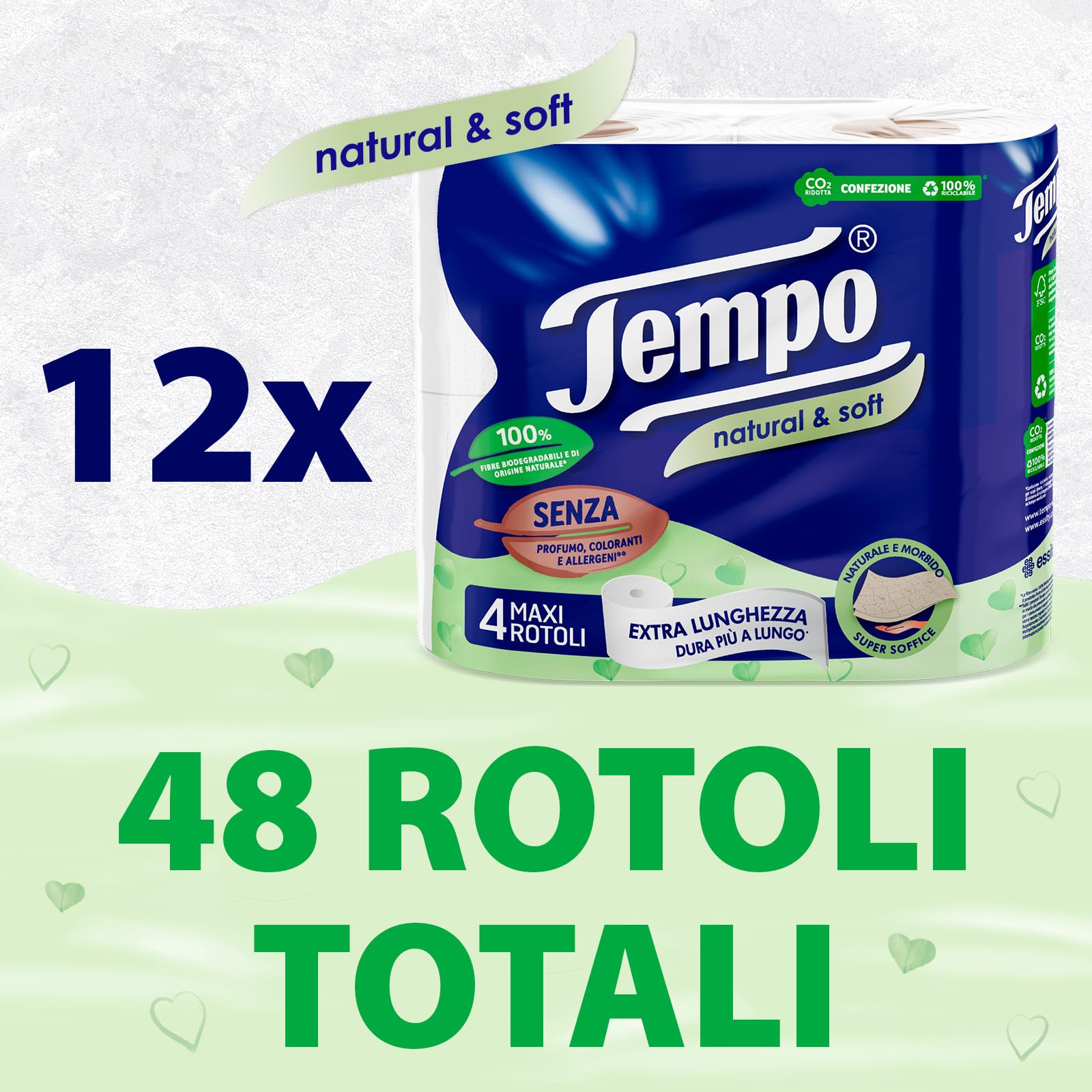 Tempo, Carta Igienica Natural & Soft, Morbida e Resistente, 48 Maxi Rotoli, Composti da 100% di Fibre Biodegradabili, Senza Profumo o Allergeni