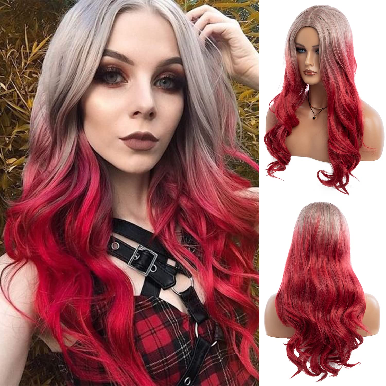 Long Curly Wavy Silver Grey to Red Wig Middle Part Natural Looking Synthetic Cosplay Wig for Women Sliver to Red