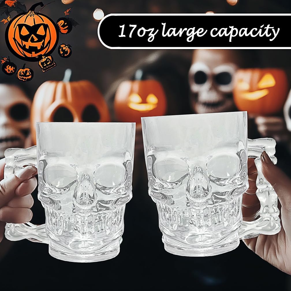 12 PCS Halloween Cups,Skull Mug,Skull Cup,Skull Glasses,Halloween Mugs, Clear Funny Beer Stein Cup for Whiskey, Wine, Juice, Bar, Halloween Decorations Gifts, White