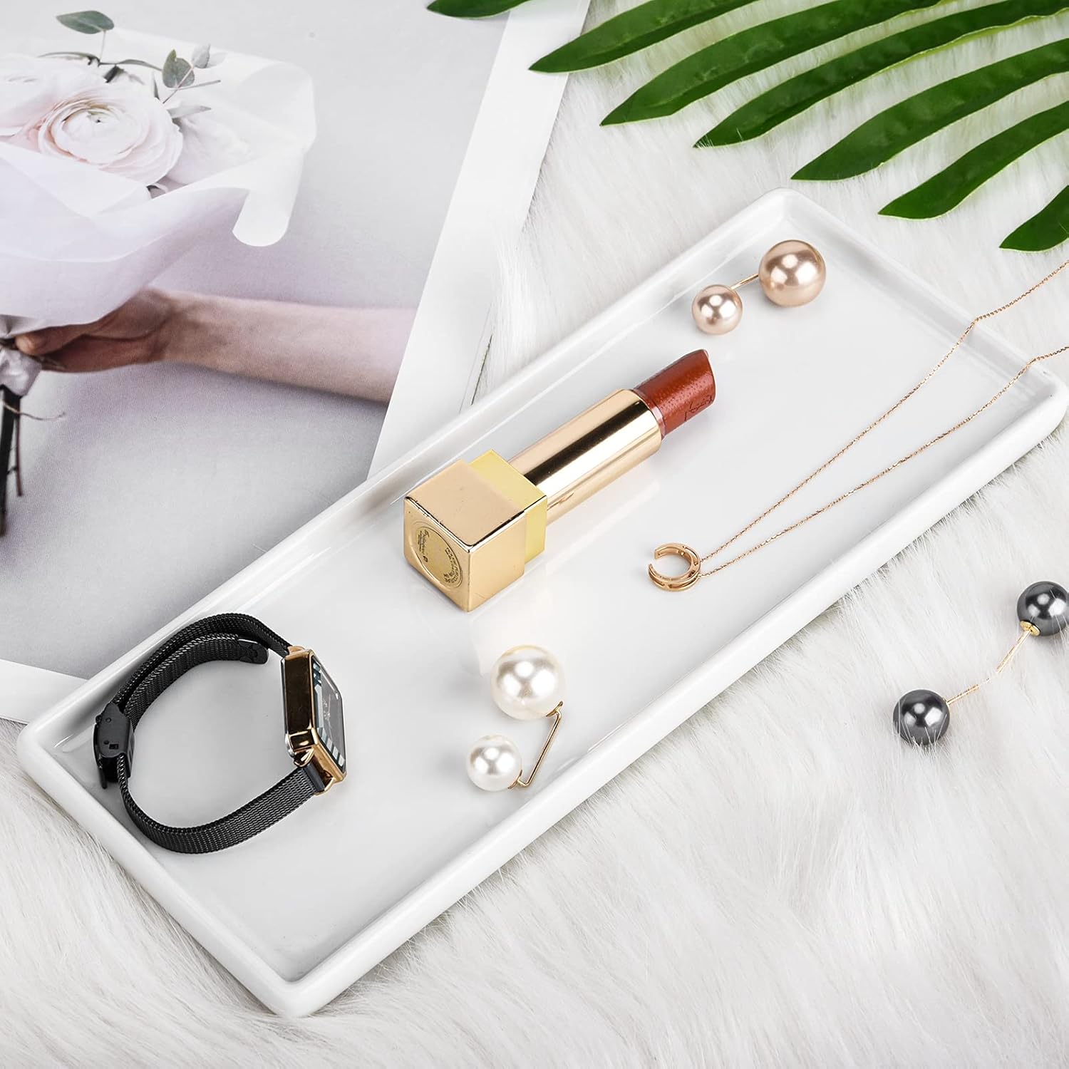 XINRUI Vanity Tray, 2 Pack Bathroom Sink Storage Tray,Ceramic Bathtub Tray Organizer Cosmetics Holder for Tissues, Candles, Towel, Soap, Towel, Plant,Jewelry