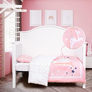 JISEN 3 Piece Pink Unicorn Crib Bedding Set | Includes Duvet cover, Fitted Sheet, Pillowcase. Soft Microfiber, for Girls Nursery, Baby Room Decor, Gift