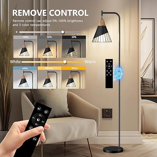 Miniatura 9 de Lámpara de pie industrial de 67 pulgadas con pantalla de madera y metal negro, lámpara de pie moderna, lámpara alta rústica para sala de estar,