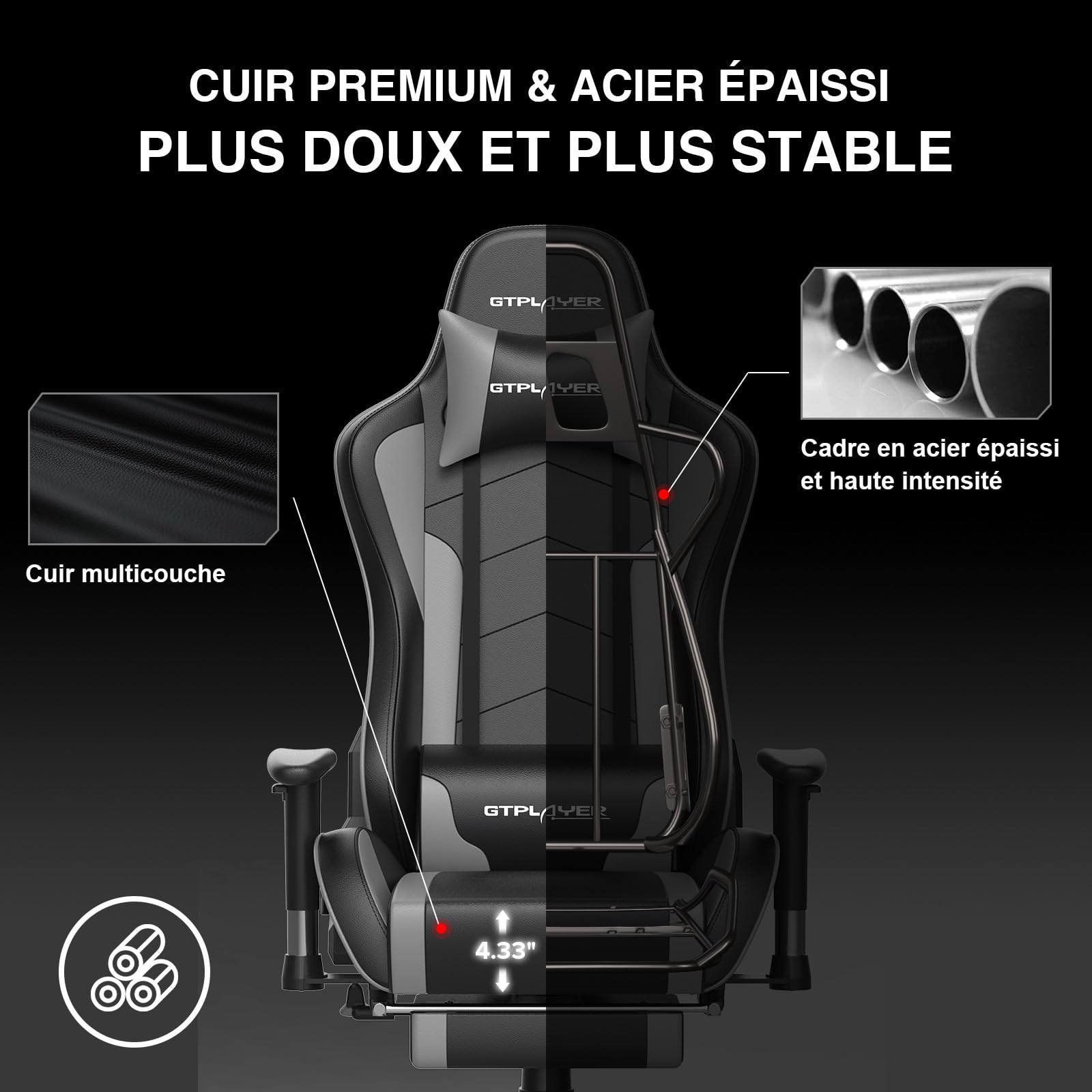 GTPLAYER Chaise Gaming Repose-Pieds Haut-Parleur Bluetooth Fauteuil Gamer Gris Siège Ergonomique (Gris)