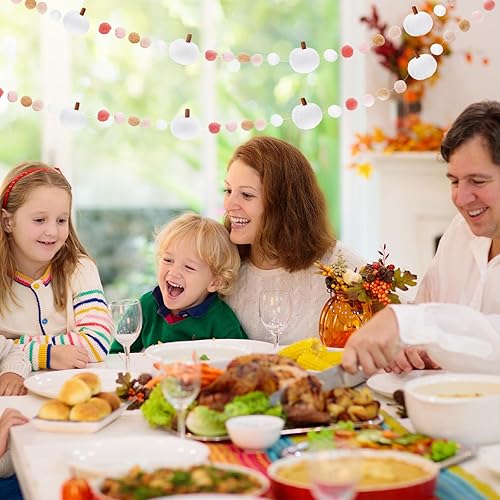 Miniatura 7 de Whaline Guirnalda de fieltro de otoño de 8.2 pies con forma de calabaza blanca 3D banderines de fieltro colorido bola de pompón premontada guirnalda