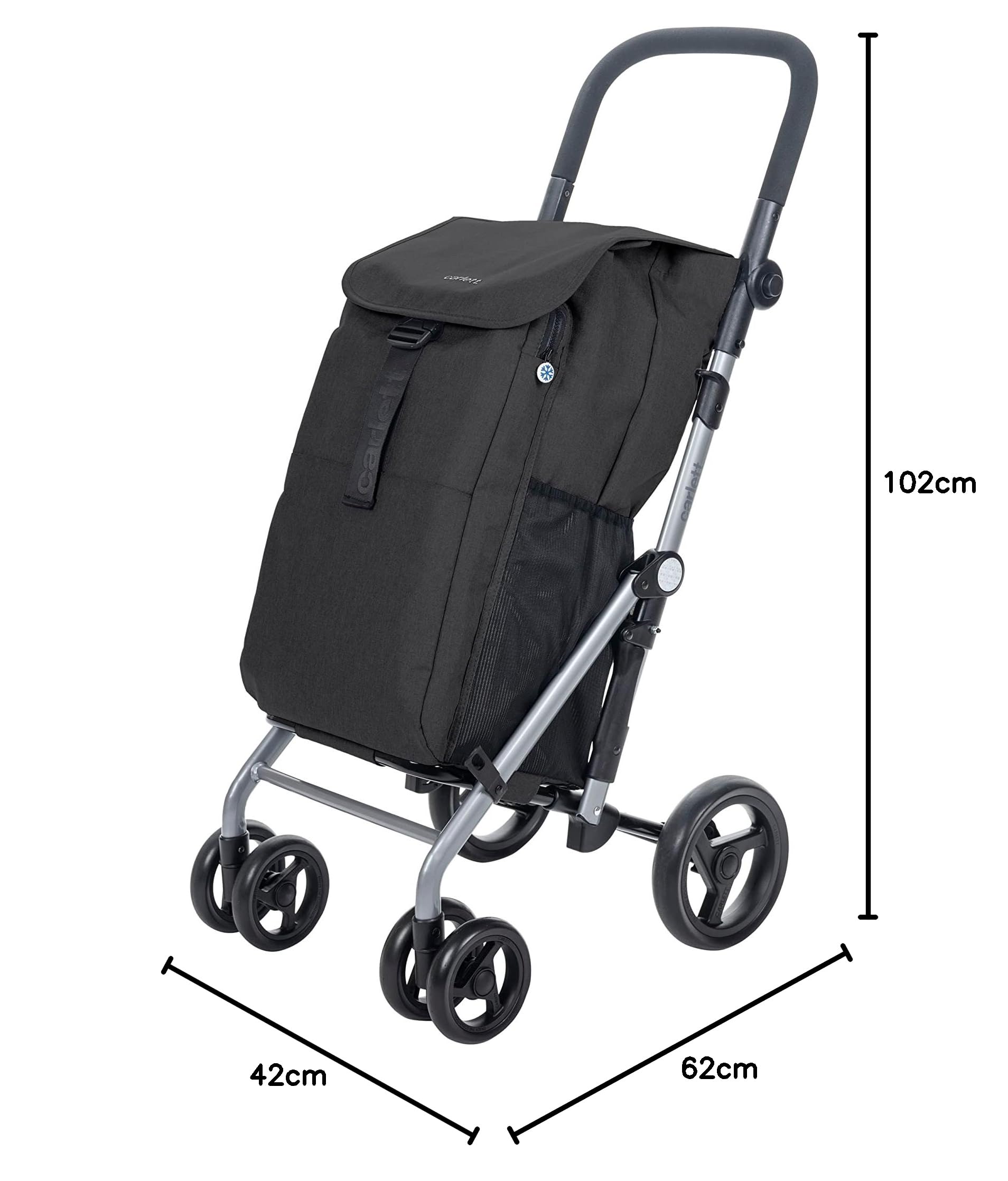 Carlett Einkaufstrolley mit 4 Rädern, faltbar, 53 L Tasche bis 15 kg + 10 L Thermofach, höhenverstellbarer Griff, Sicherheitsbremse, auf 2 Räder umstellbar – Classic Duo, Schwarz