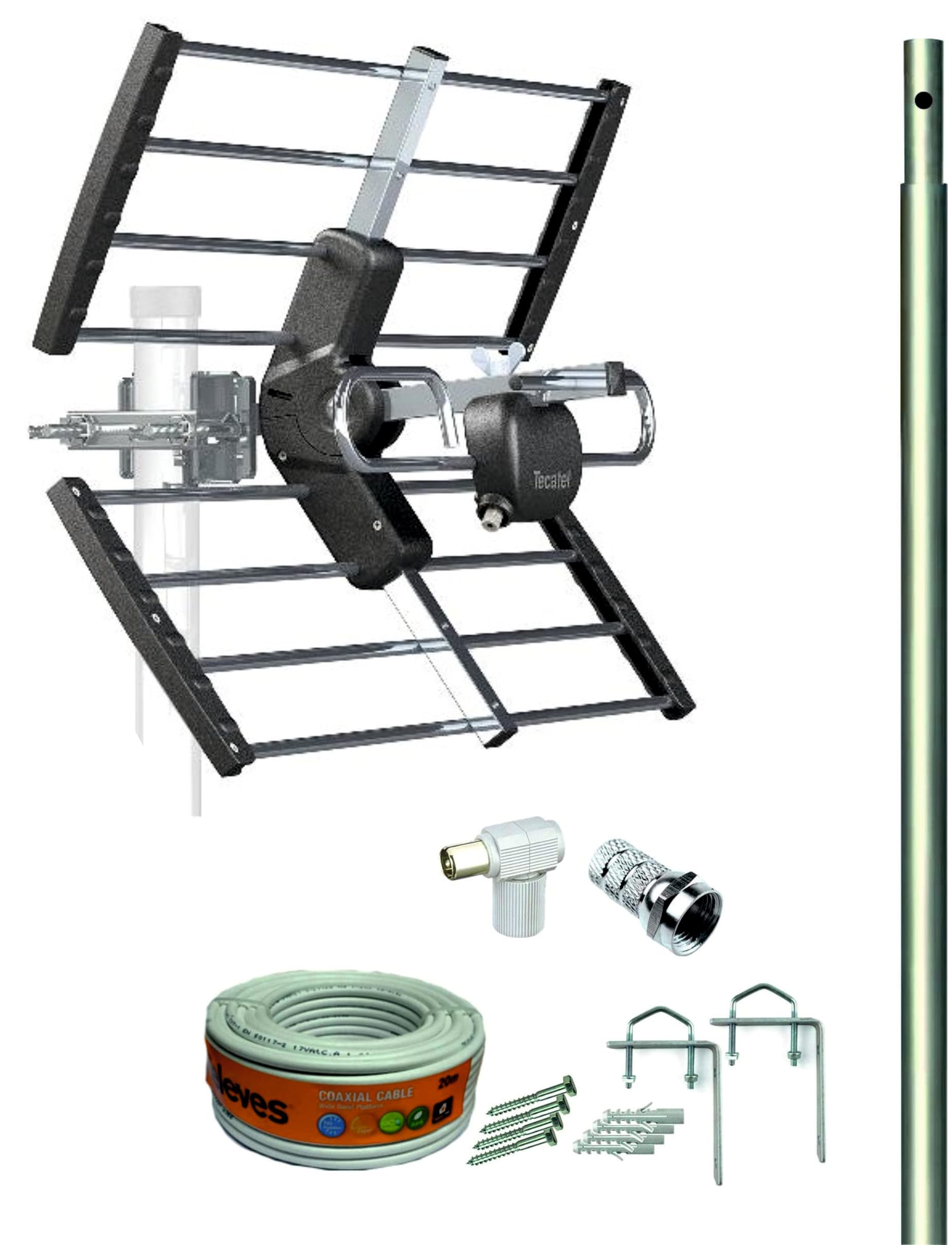 Kit Antena TV MINIHD 5G 13dB + MASTIL 1.2M + Cable 20M + Conexiones + Garras Y Tacos